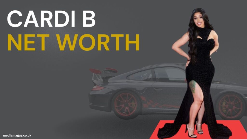 Cardi B net worth in 2026 featuring the Grammy-winning rapper with luxury homes, cars, and wealth-themed graphics.