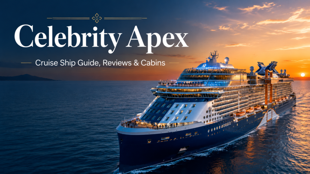 Celebrity Apex cruise ship sailing across the ocean at sunset, featuring a guide to reviews, cabins and onboard experiences.