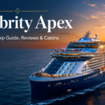 Celebrity Apex cruise ship sailing across the ocean at sunset, featuring a guide to reviews, cabins and onboard experiences.