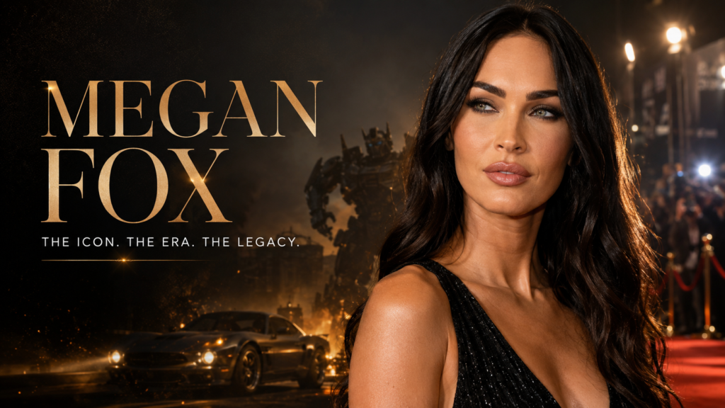 Megan Fox at a glamorous red-carpet premiere with cinematic action imagery and the title “Megan Fox: The Icon, The Era, The Legacy