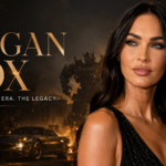 Megan Fox at a glamorous red-carpet premiere with cinematic action imagery and the title “Megan Fox: The Icon, The Era, The Legacy
