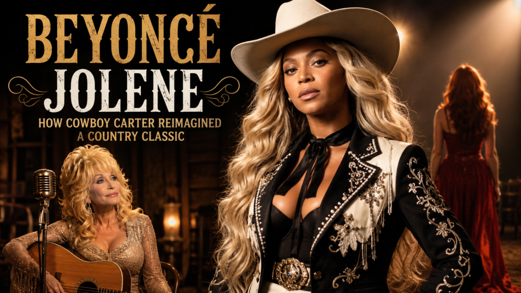 Beyoncé Jolene featured image showing a glamorous woman in Western attire, an older blonde country singer with a guitar, and a mysterious red-haired woman under warm stage lighting.