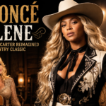 Beyoncé Jolene featured image showing a glamorous woman in Western attire, an older blonde country singer with a guitar, and a mysterious red-haired woman under warm stage lighting.