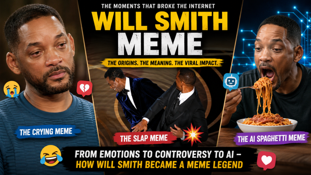 Will Smith meme collage featuring his crying reaction, the Oscars slap moment, and the AI spaghetti meme with bold headline text.