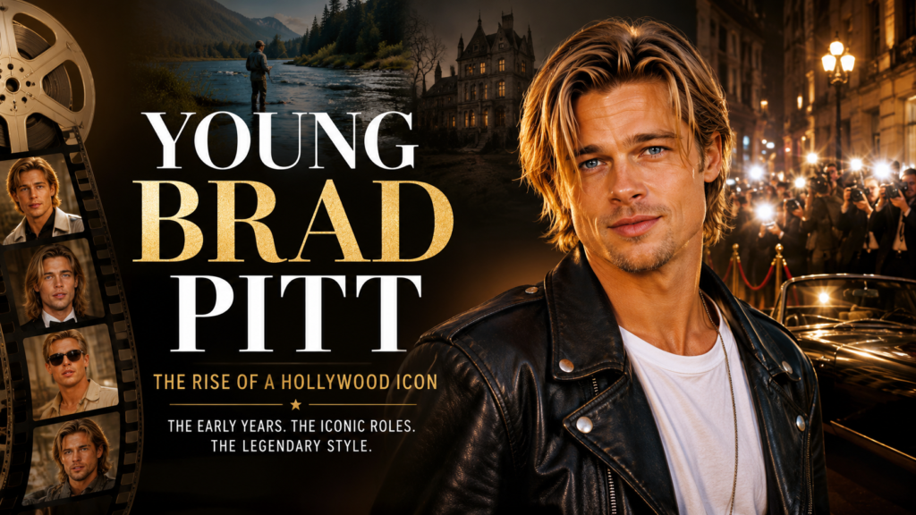 Young Brad Pitt-inspired actor in a 1990s leather jacket at a vintage Hollywood movie premiere