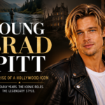 Young Brad Pitt-inspired actor in a 1990s leather jacket at a vintage Hollywood movie premiere