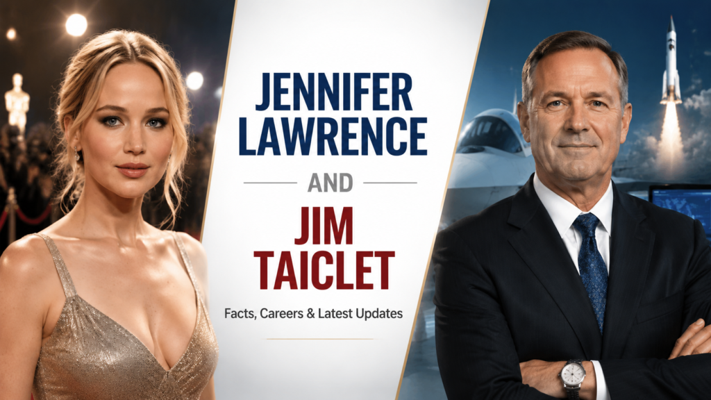 Jennifer Lawrence and Jim Taiclet featured image showing Hollywood actress and business executive in an editorial-style split composition