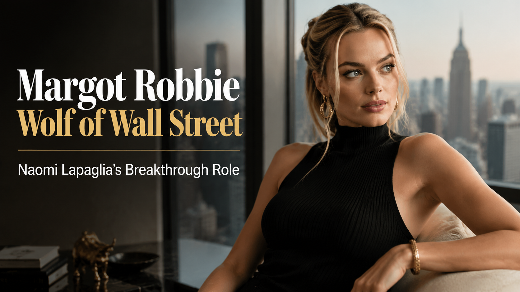 Margot Robbie Wolf of Wall Street role as Naomi Lapaglia in a luxury New York apartment setting with a cinematic editorial style.