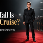 How Tall Is Tom Cruise? standing on a red carpet with height measurement graphic showing his reported height of 5 feet 7 inches and 170 centimeters