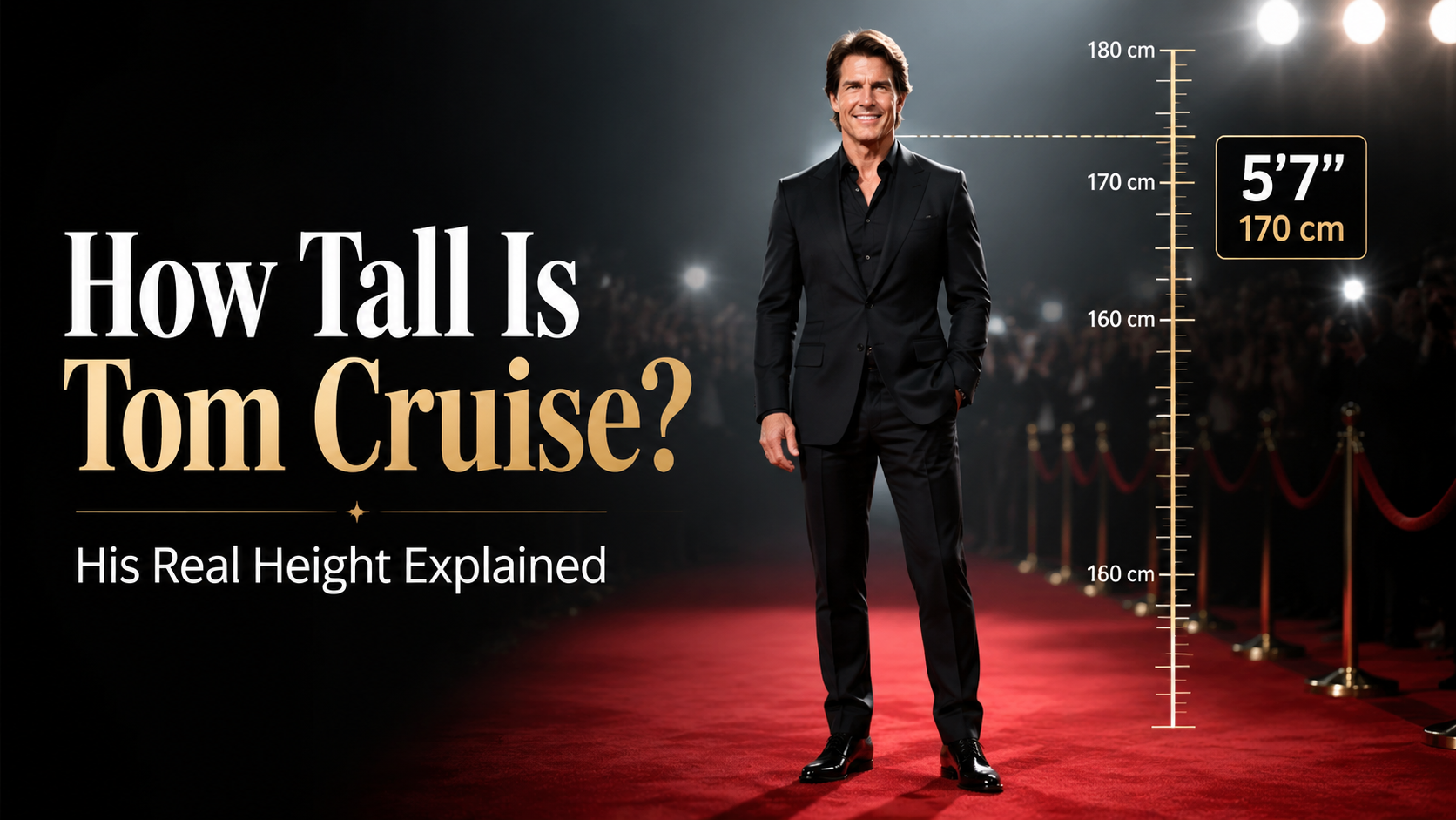 How Tall Is Tom Cruise? standing on a red carpet with height measurement graphic showing his reported height of 5 feet 7 inches and 170 centimeters