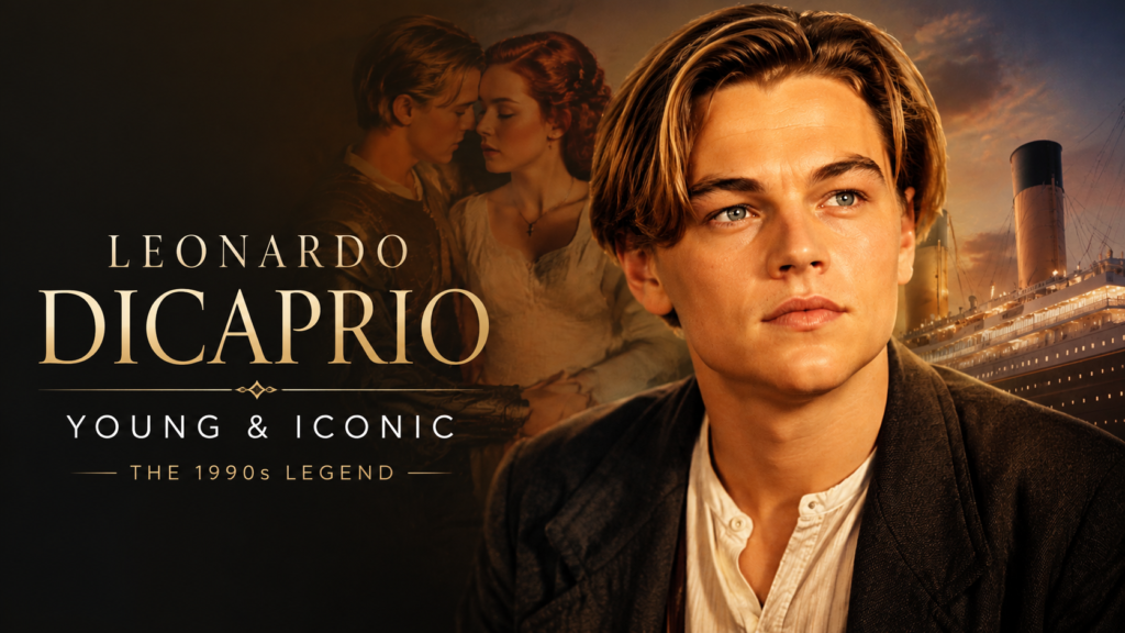 Young Leonardo DiCaprio portrait from the 1990s featuring his iconic hairstyle, Titanic-inspired romantic scene, and cinematic Hollywood legacy.