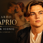 Young Leonardo DiCaprio portrait from the 1990s featuring his iconic hairstyle, Titanic-inspired romantic scene, and cinematic Hollywood legacy.