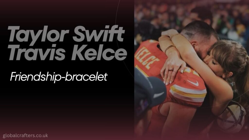 Taylor Swift Travis Kelce relationship represented by a concert microphone, football and friendship bracelet