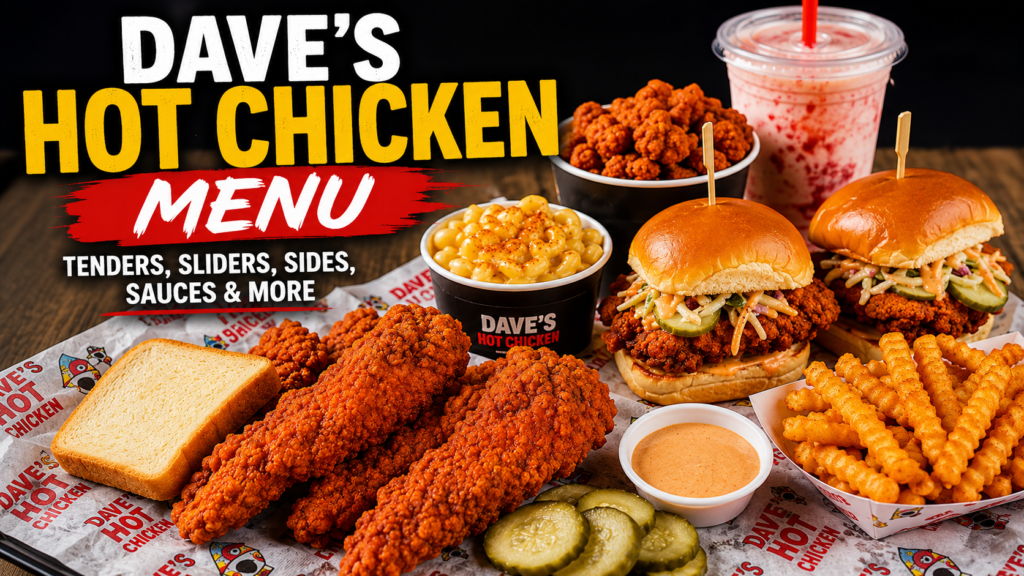 Dave's Hot Chicken menu featuring crispy hot chicken tenders, sliders, fries, and dipping sauces on a restaurant table.