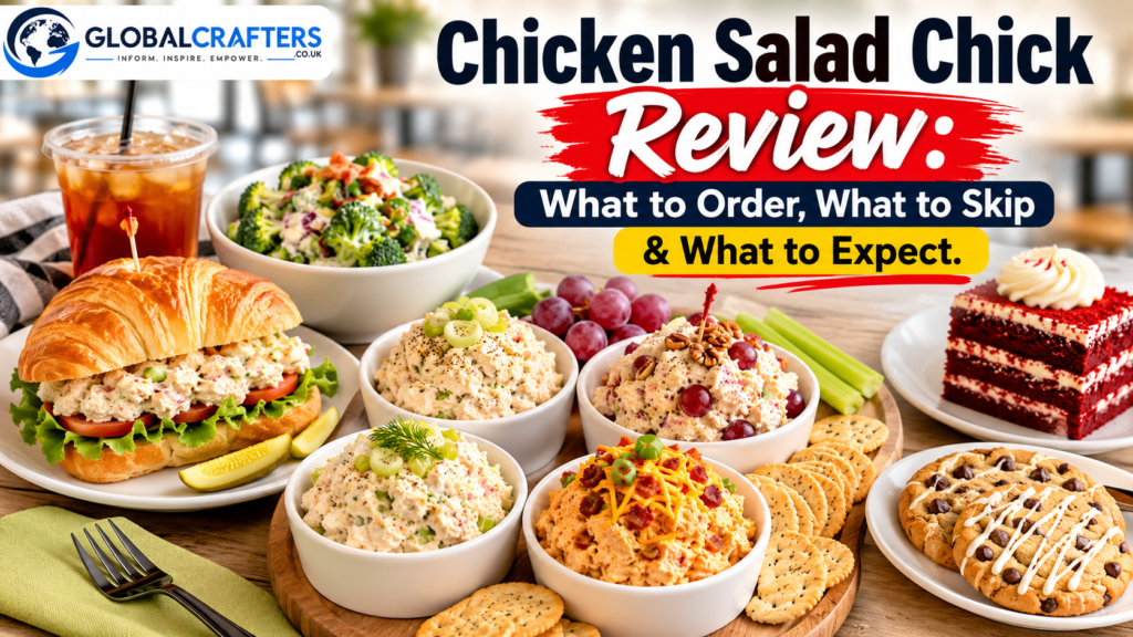 Chicken Salad Chick review featuring assorted chicken salad flavors, sides, sandwich and dessert