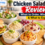 Chicken Salad Chick review featuring assorted chicken salad flavors, sides, sandwich and dessert