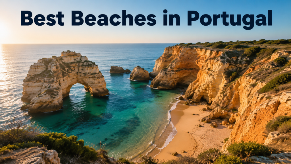 Golden limestone cliffs and turquoise water at a scenic Algarve cove, one of the best beaches in Portugal