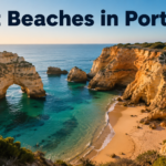 Golden limestone cliffs and turquoise water at a scenic Algarve cove, one of the best beaches in Portugal