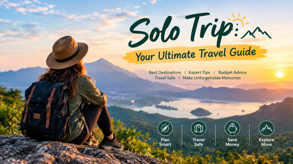 Solo trip travel guide featuring a solo traveller overlooking a scenic mountain valley and lake at sunset.
