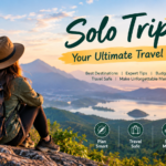 Solo trip travel guide featuring a solo traveller overlooking a scenic mountain valley and lake at sunset.