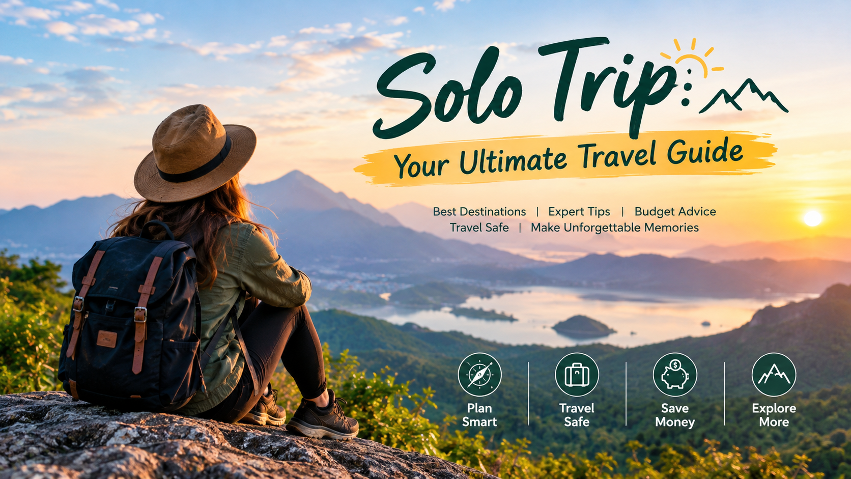Solo trip travel guide featuring a solo traveller overlooking a scenic mountain valley and lake at sunset.